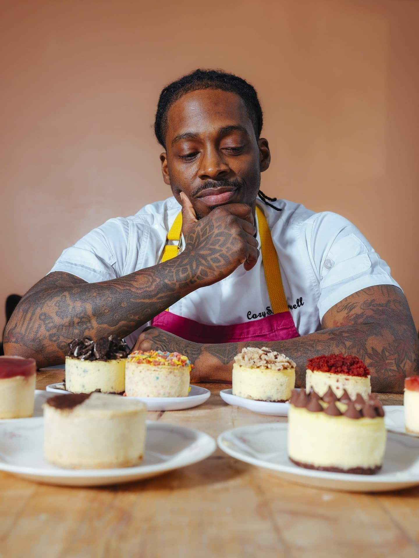 Make'm Bake'm owner Cory Powell and his cheesecakes.