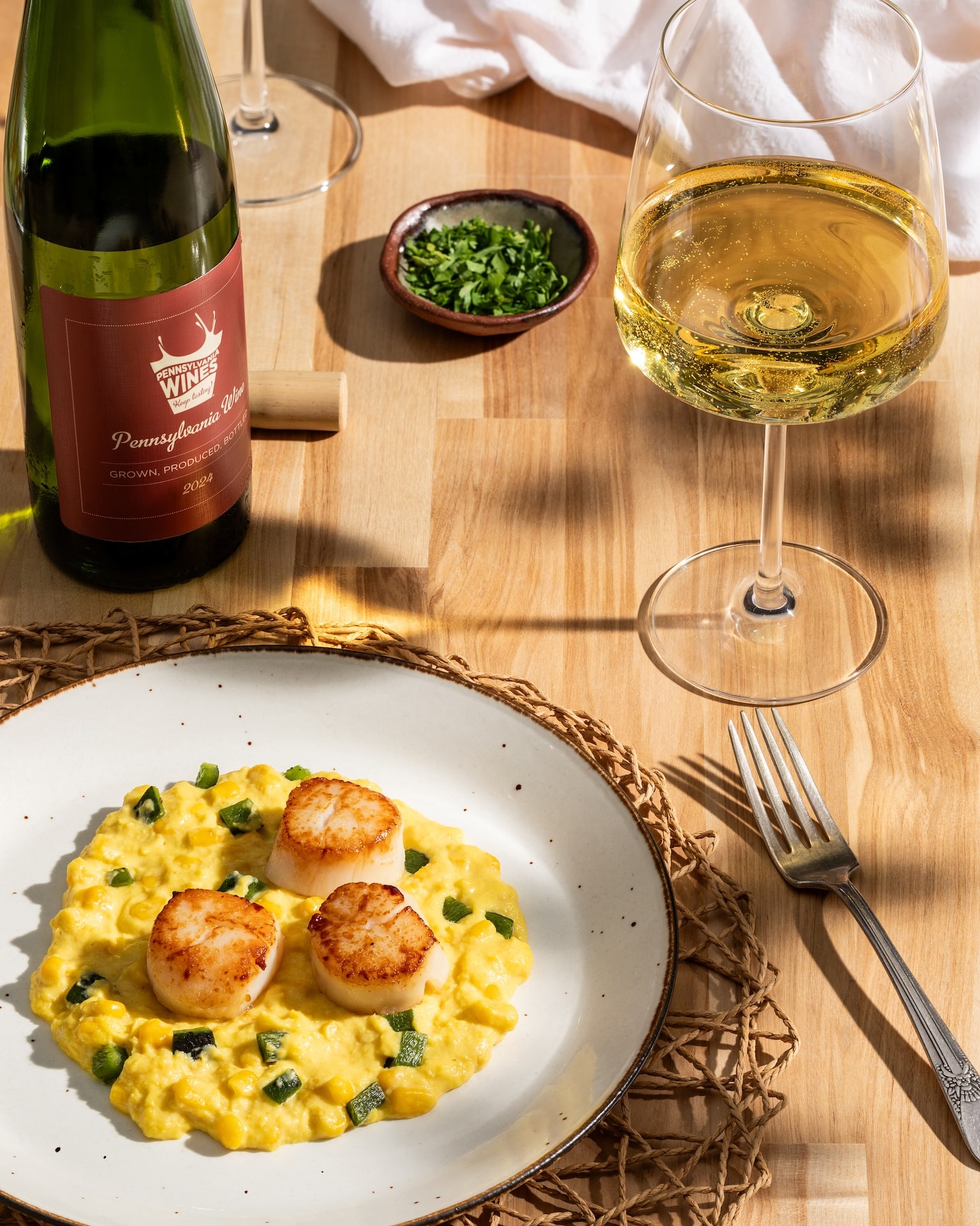 Seared Scallops with Sweet Corn and dry Pennsylvania Riesling
