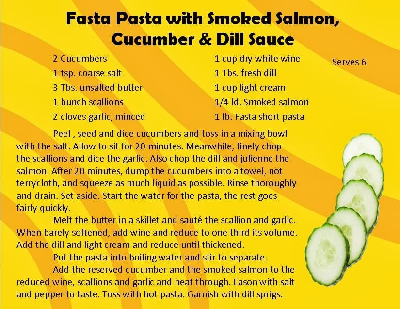 Fasta & Ravioli pasta recipe smoked salmon cucumber dill