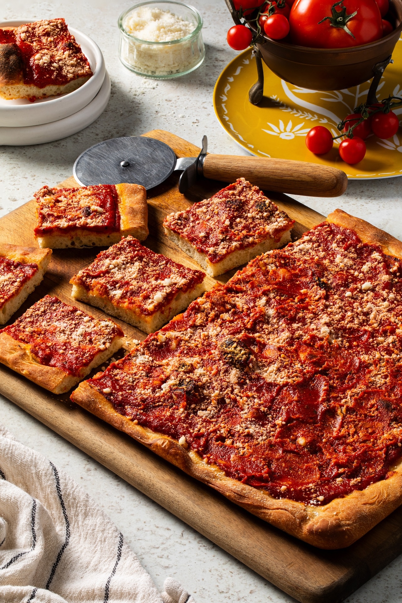 Photo of tomato pie, a Pennsylvania food icon, by Dish Works.