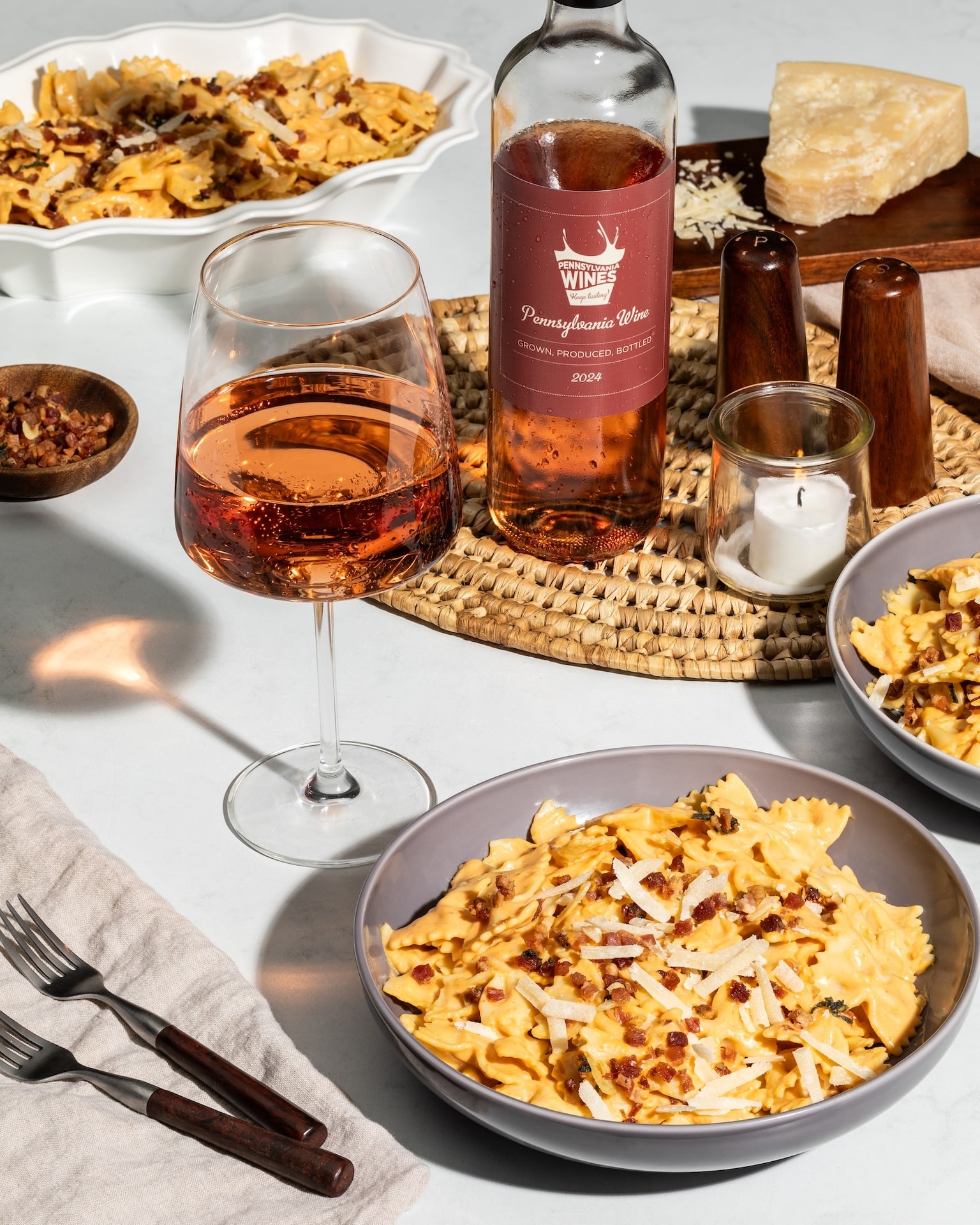 Pumpkin gouda pasta with dry PA rose wine.