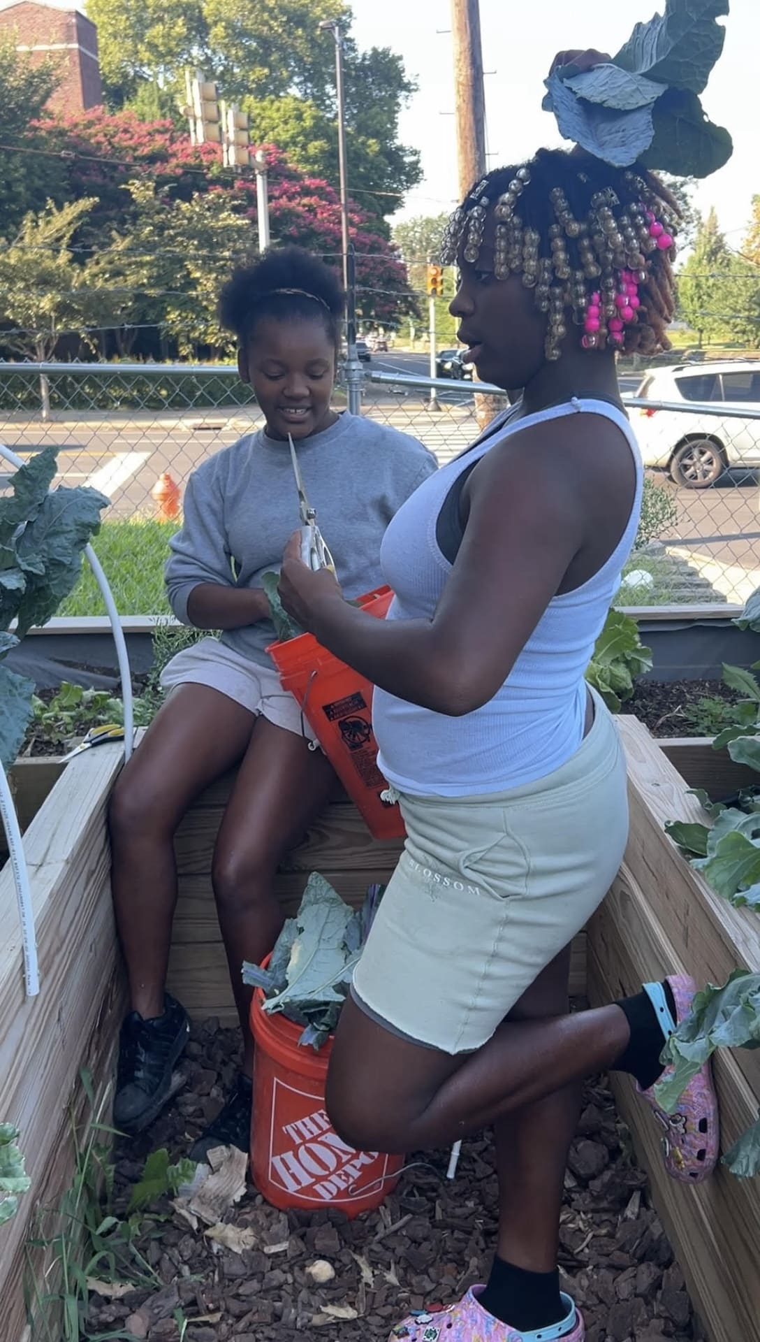 Symone and Promise harvesting kale.