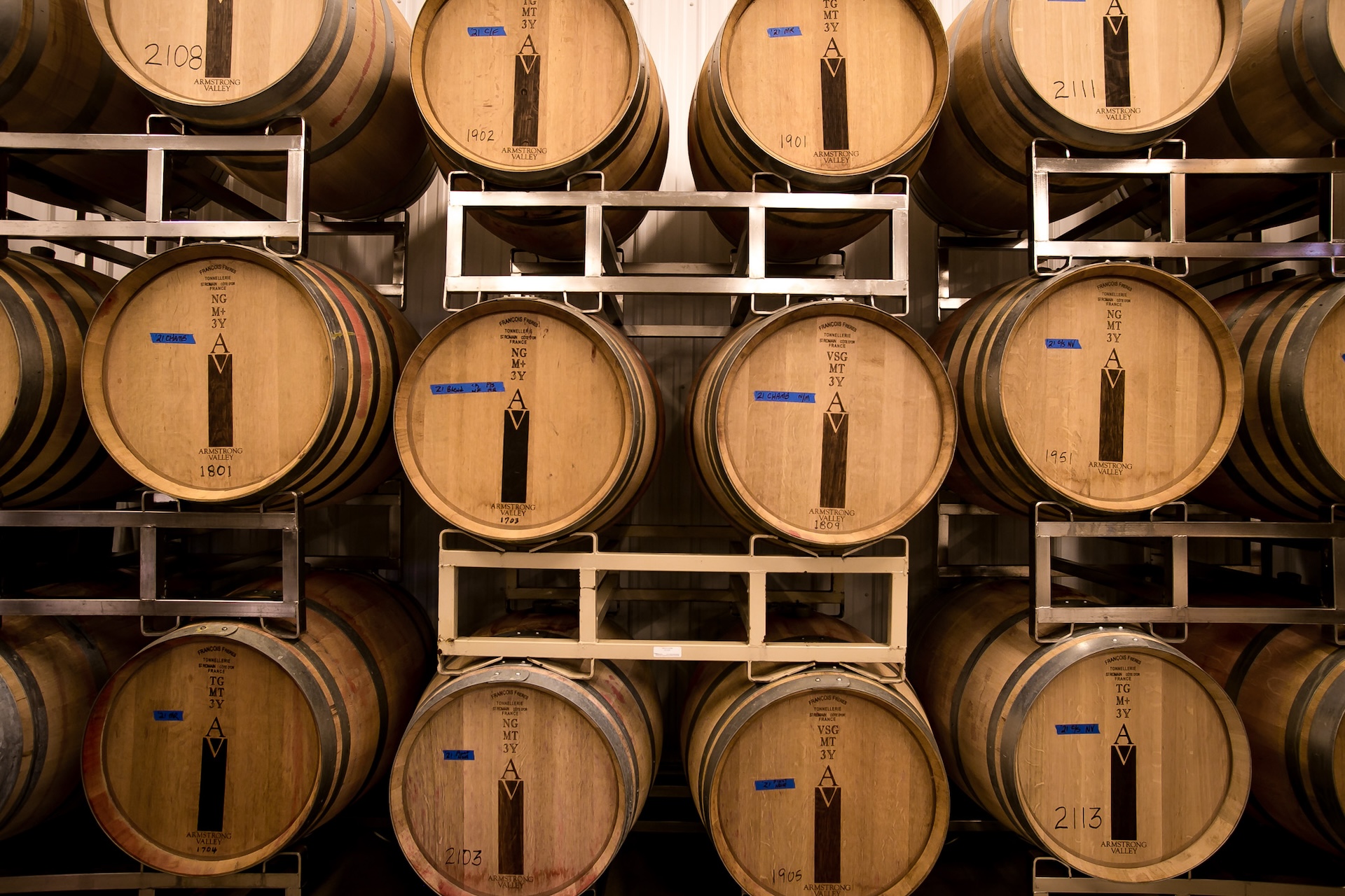 Barrels of wine at Armstrong.