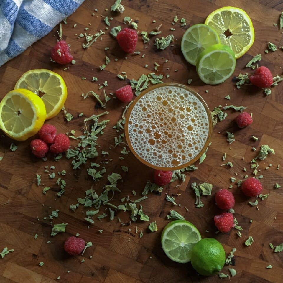 Bubbly fermented drink with fruit.