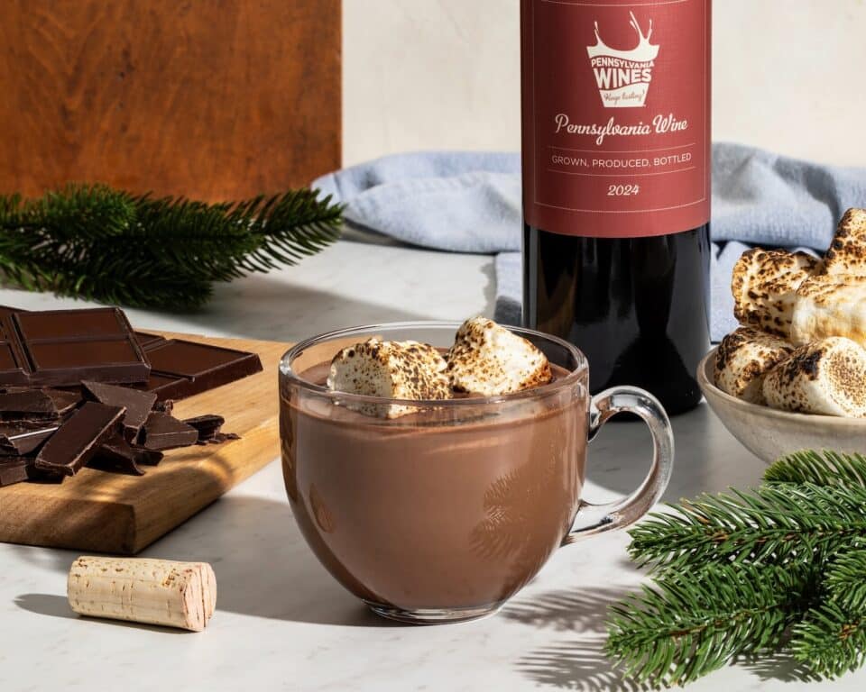 Red wine hot chocolate in a glass mug.