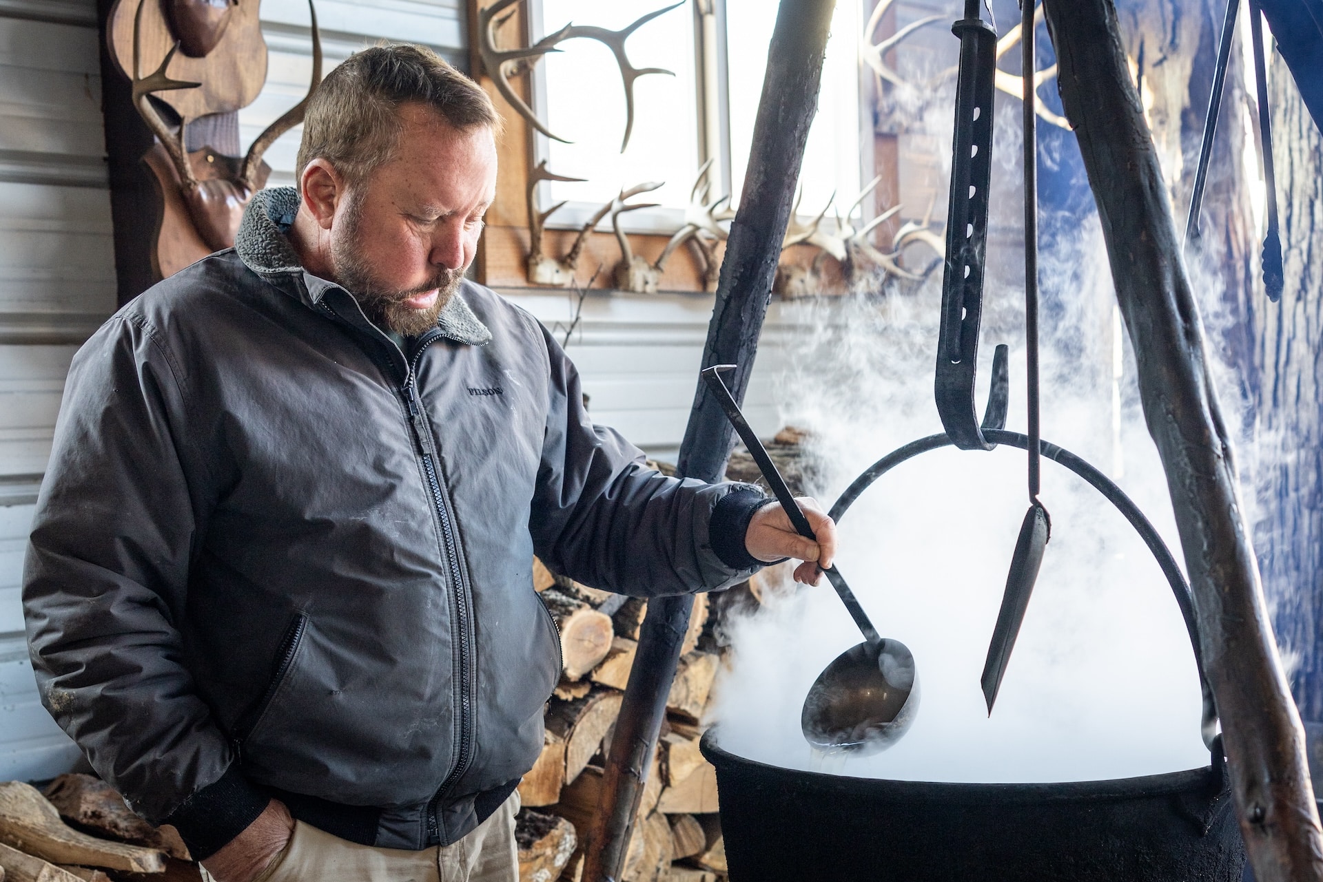 Doug Drewes cooking hickory syrup.