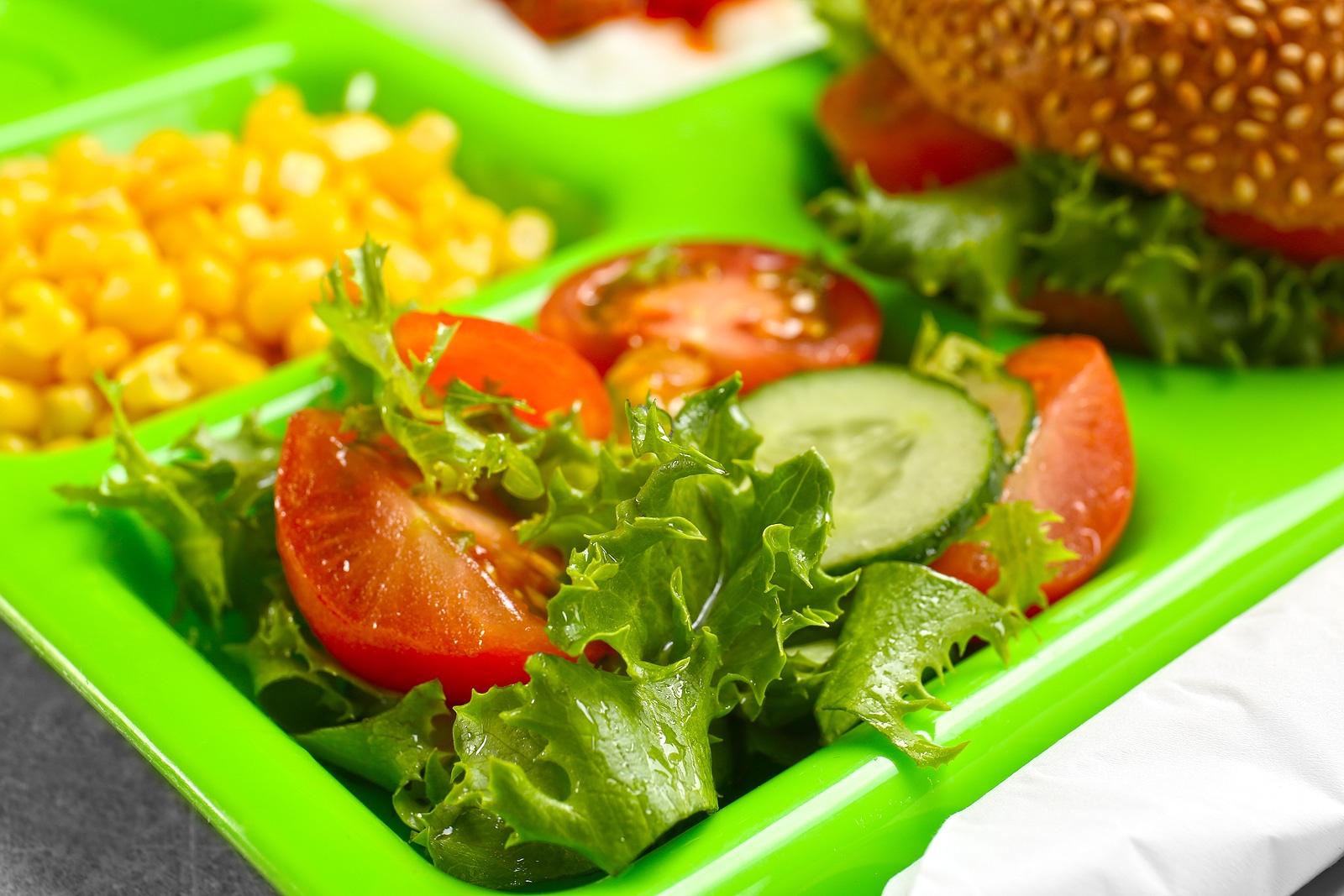 Serving tray with delicious food, closeup. Concept of school lunch